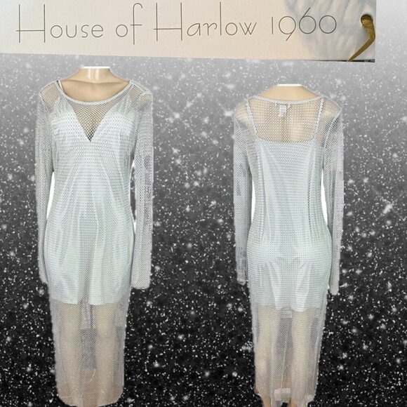 House of Harlow 1960 L Gray Sheer Mesh Crystal Detail Long Sleeve Maxi Dress - Picture 1 of 7